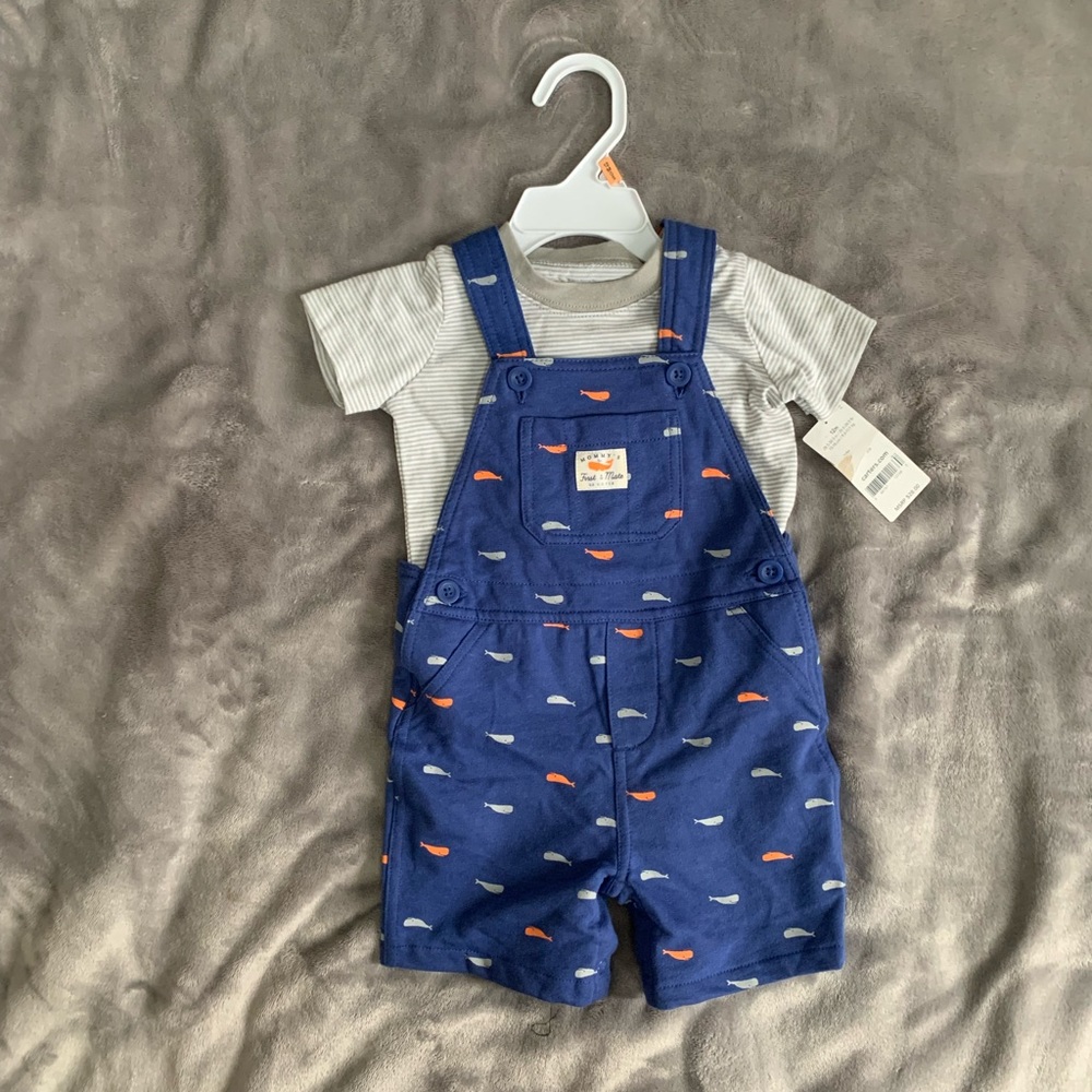 Blue Shortalls with Whales and Striped Tee “Mommy’s First Mate”